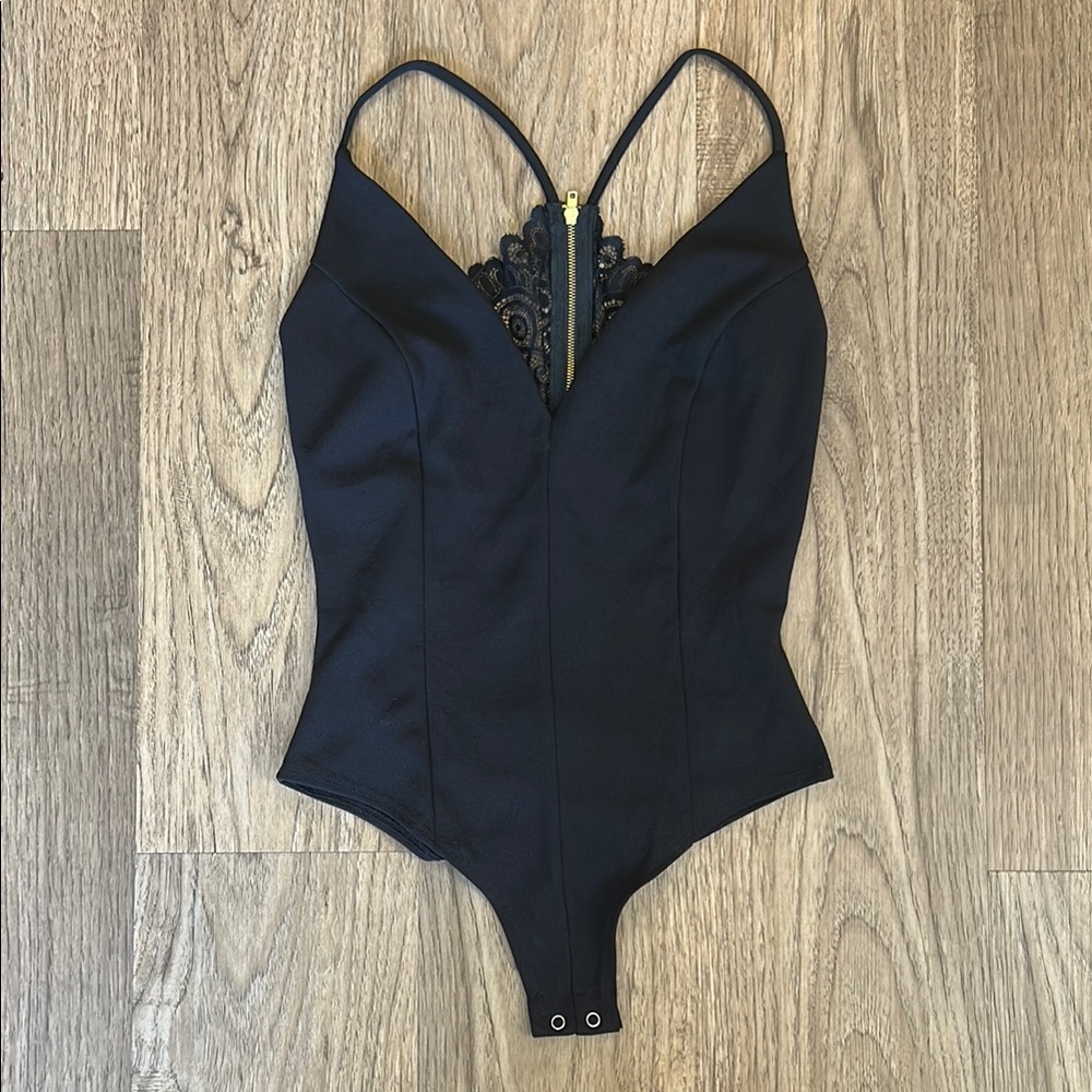 Black Bodysuit with Lace Open Back and Gold Zipper